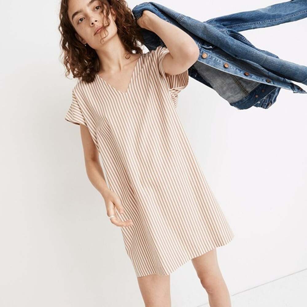 Madewell Button-Back Easy Dress Striped V-Neck Short Sleeve Shift Mini Medium